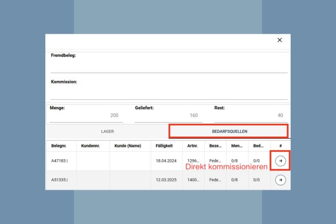 Im Wareneingang Artikel mit einem Klick auf den Auftrag buchen